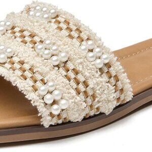 Women's Flat Sandals Pearls Slip On Summer Casual Beach Shoes Size 7.5
